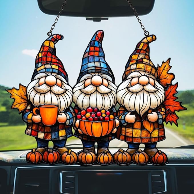 Autum Gnome Punpkin Acrylic Suncatcher Stained Glass Effect Window Car Hanging Christmas Ornament Indoor Outdoor Decor Garden Sun Catcher Panel for Acrylic Suncatcher Lover for Women Mom Grandma