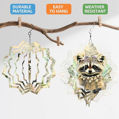 8 Inch Sublimation Wind Spinner, 3D Aluminum Metal Wind Spinner with Hook, Indoor Yard Garden Hanging Decoration, Weather Resistant Rotating Spiral Ornament, Fairy Raccoon
