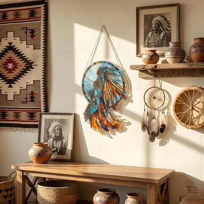Native American Acrylic Suncatcher Colorful Window Hanging Ornament Sun Catcher Panel for Home Decor Car Garden Gift Tribal Spirit Woman Faux Stained Glass Suncatcher