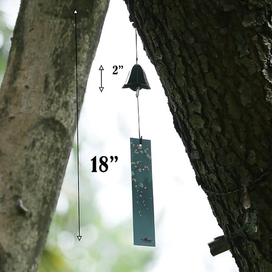 Japanese Wind Chime Cast-Iron Outdoor Ornament for Garden, Patio & Porch, Hanging Metal Wind-Bell Decoration Gift, Blessing Pendant Windchimes & PVC Wind-Catcher, Gentian Flower - Green