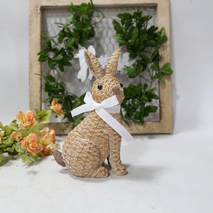 Rattan Rabbit Woven Rabbit Bow Resin Ornaments for Home Courtyard Lawn Tabletop and Easter Decoration to Enhance The Easter Atmosphere Preferred Easter Gifts (8.1in Brown Seat)