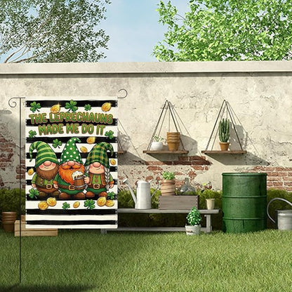 St Patricks Day Gnome Garden Flag The Leprechauns Made Me Do It Shamrock Irish March Black and White Stripes Garden Flag St Patricks Day Double Sided House Flag for Outside Yard Decorations 12×18 Inch