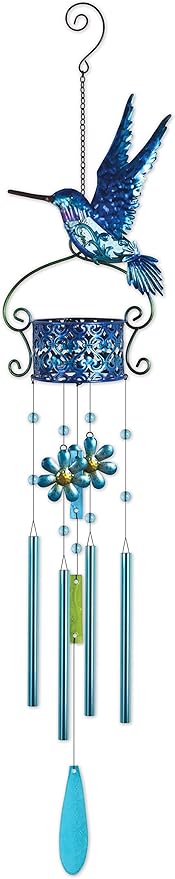 Sunset Vista Designs Hanging Outdoor Décor Garden Party Colorful Metal and Glass Wind Chime Windbell, 41-Inch, Hummingbird