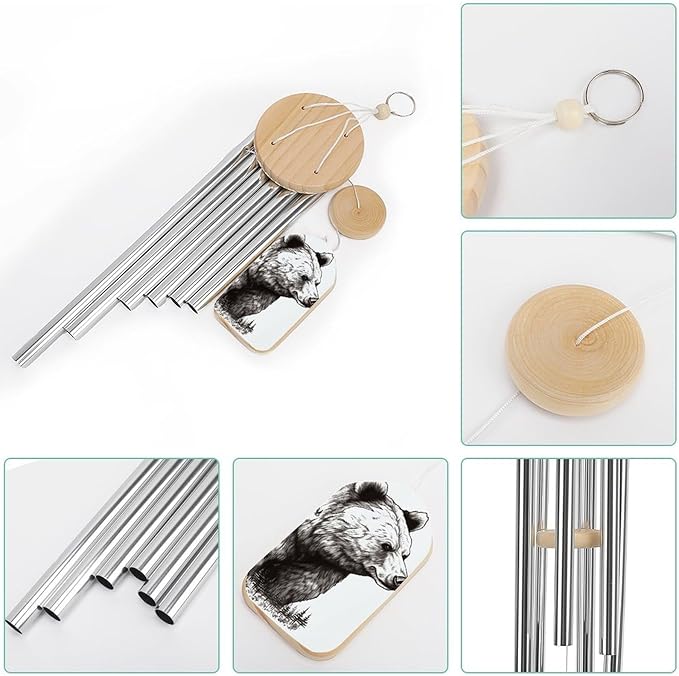 Large Aluminium Wind Chimes 20.5" Inches Wildlife Hand Drawn Bear Animal Wind Chimes for Outside Memorial Wind Chimes Sympathy Wind Chime for Outdoor Garden Patio Decoration