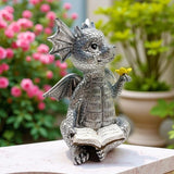 Cute Dragon Reading Book Statue, 5.9-Inch Tall Dinosaur Holding Butterfly Figurines Art Resin Sculpture Outdoor Garden Decor Home Desk Ornaments