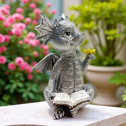 Cute Dragon Reading Book Statue, 5.9-Inch Tall Dinosaur Holding Butterfly Figurines Art Resin Sculpture Outdoor Garden Decor Home Desk Ornaments