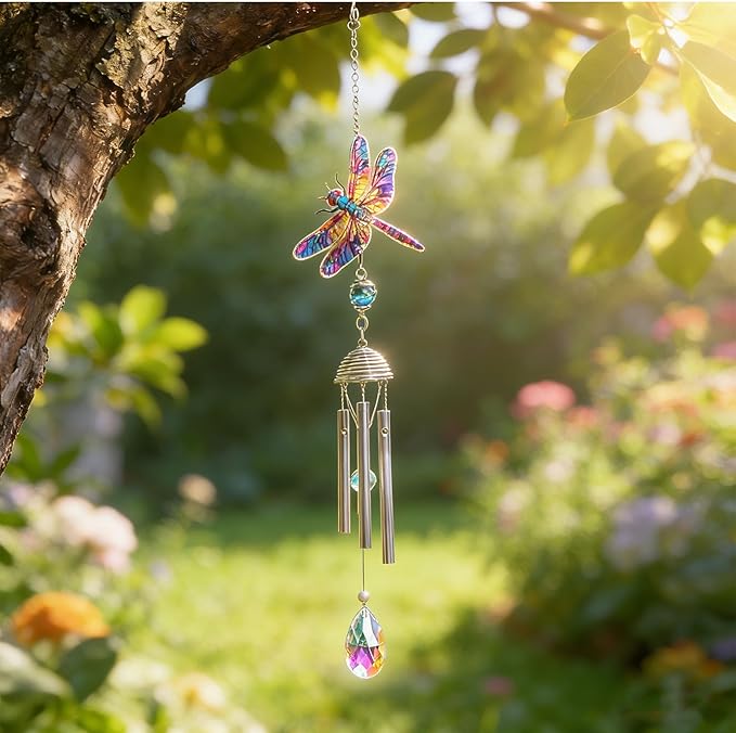YU FENG 21" Dragonfly Wind Chimes for Outdoor Garden Patio – Colorful Metal with Crystal Suncatcher, Lucky Memorial Gift for Mom Grandma Women