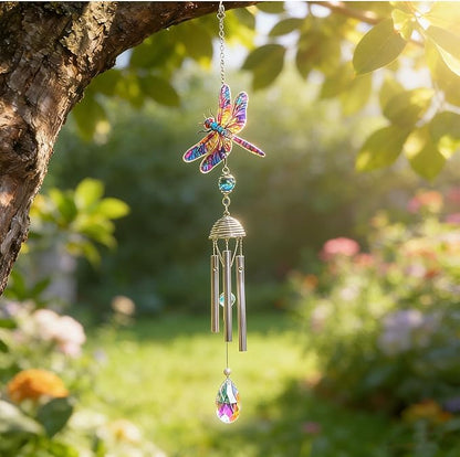 YU FENG 21" Dragonfly Wind Chimes for Outdoor Garden Patio – Colorful Metal with Crystal Suncatcher, Lucky Memorial Gift for Mom Grandma Women