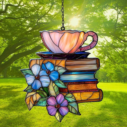 Tea and Books Acrylic Suncatcher Stained Glass Effect Window Car Hanging Christmas Ornament Indoor Outdoor Decor Garden Sun Catcher Panel for Book Lover for Women Mom Grandma