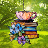 Tea and Books Acrylic Suncatcher Stained Glass Effect Window Car Hanging Christmas Ornament Indoor Outdoor Decor Garden Sun Catcher Panel for Book Lover for Women Mom Grandma