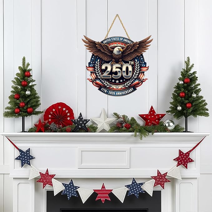 USA 250th Anniversary Double-Layer Wooden Sign Large Reusable USA 250th Bald Eagle American Flag Stars Stripes 1776-2026 250th Anniversary Rustic Wood Twine Hanging Door Wall Patriotic Decor 1 Pcs