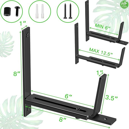 HFHOME 6 PCS Adjustable Planter Box Brackets (6 to 12.5 in), Universal Window Box Brackets, Heavy Duty Metal Flower Box Wall Mounting Hooks for Balcony, Fences, Patio, and Garden - Black