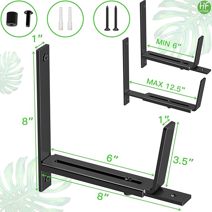 HFHOME 4 PCS Adjustable Planter Box Brackets (6 to 12.5 in), Universal Window Box Brackets, Heavy Duty Metal Flower Box Wall Mounting Hooks for Balcony, Fences, Patio, and Garden - Black