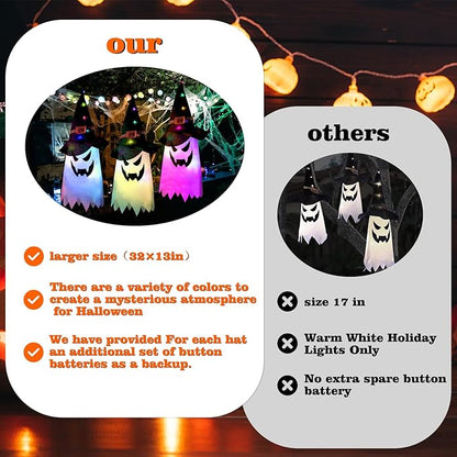 BokingOne Halloween Decorations Outdoor 3Pcs Large Size Hanging Lighted Glowing Ghost Witch Hat Decor with Lights String for Party Indoor Outside Ornaments and Yard Tree Garden