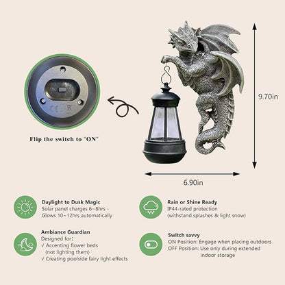 Solar Dragon Statue Outdoor Garden Decor - Medieval Fantasy Yard Art, Whimsical Lawn Ornaments, Unique Decorations Outdoor & Gifts, Weather-Resistant Animal Figurine Gift with Handmade Look