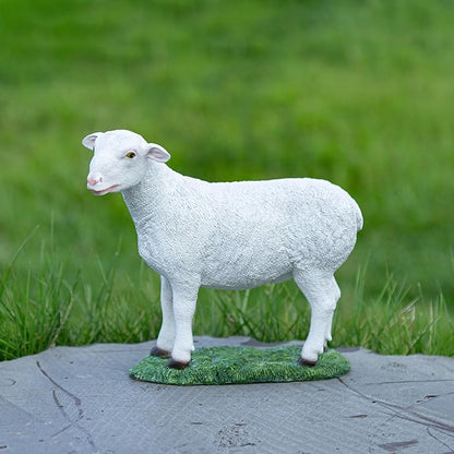 White Standing Lamb Garden Statue, Decorative Resin Sheep Figurine on Grass Base, Farmhouse Animal Outdoor Decor