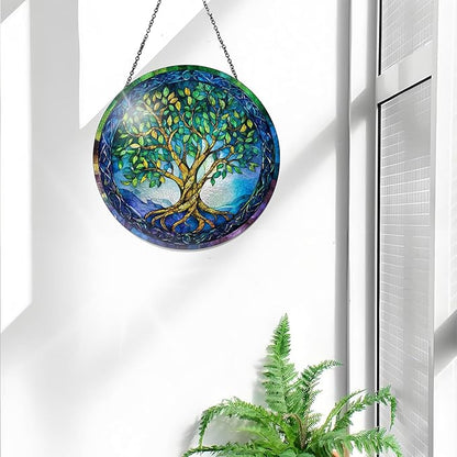 Bimkole Tree of Life Stained Glass Suncatcher Window Hanging - Leaves Indoor Window or Doorway Decoration - Handmade Sun Catcher Decor for Garden Home Christmas & Birthday Gifts 7.87x7.87 Inch