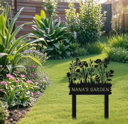 Personalized Metal Flower Garden Sign with Stake,Butterfly Bee Metal Art,Outdoor Patio Yard Decor,Gifts for Gardeners style 14