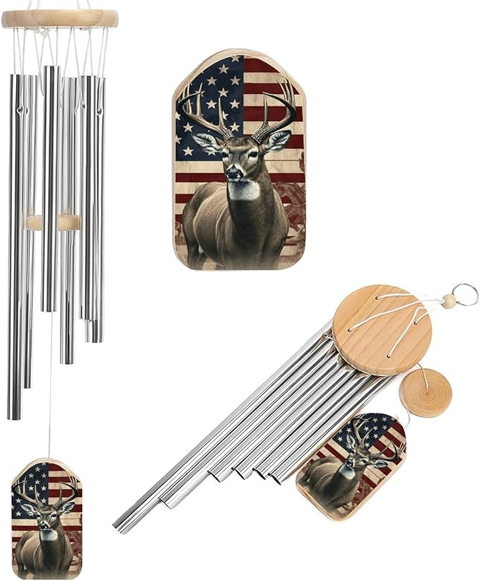 Wind Chimes for Outside,Americana Flag Deer Printed Cute Aluminium Windchimes Outdoors,Soothing Melodic Memorial Wind Chime for House Porch Patio Garden Balcony Decor
