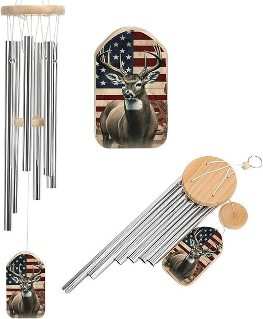 Wind Chimes for Outside,Americana Flag Deer Printed Cute Aluminium Windchimes Outdoors,Soothing Melodic Memorial Wind Chime for House Porch Patio Garden Balcony Decor