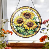 Sunflower Stained Glass Window Hanging - Round Floral Suncatcher with Chain, Colorful Glass Ornament for Home Garden Window Decor Gift, 8 Inch