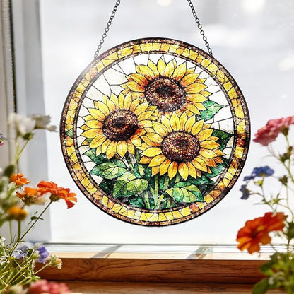 Sunflower Stained Glass Window Hanging - Round Floral Suncatcher with Chain, Colorful Glass Ornament for Home Garden Window Decor Gift, 8 Inch
