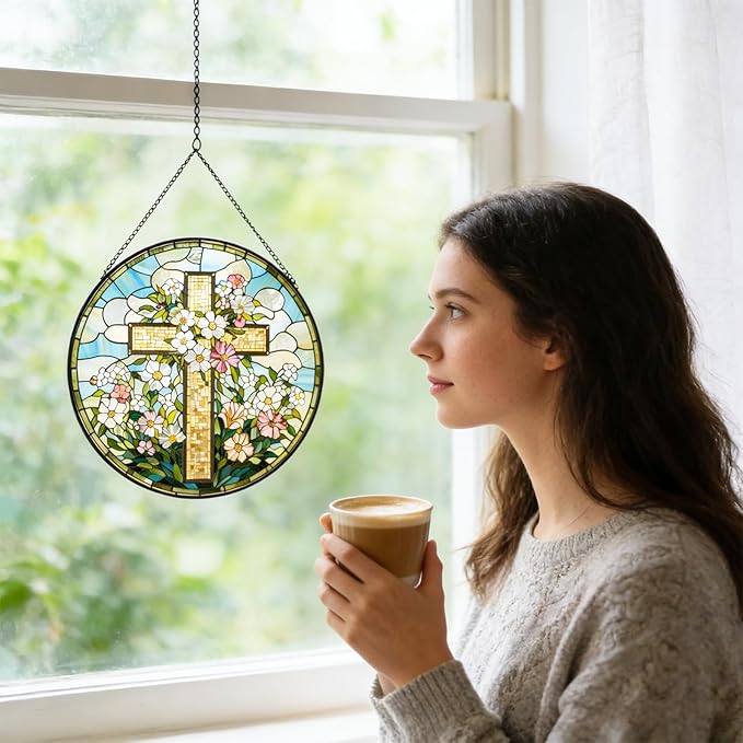 Cross Flower Suncatcher Stained Glass Window Hanging, Christian Wildflower Sunset Landscape Sun Catchers Indoor Window Glass Round Wall Decor, Religious Wall Art Hanging Decorations Statues