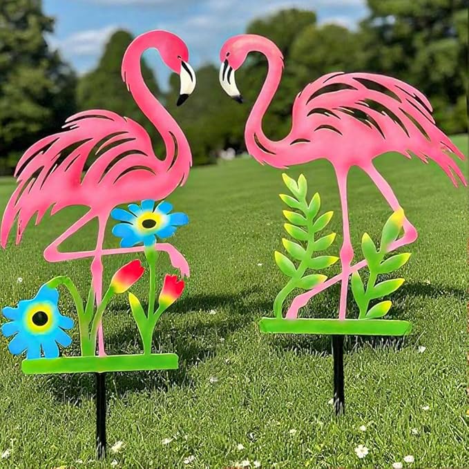 2 Pack Pink Flamingo Garden Statue - 20.5 inch Hand Flamingo Painted Metal Patio Art, Outdoor Decorative Stake Flamingo Statue for Lawn, Patio, Porch and Backyard, Gifts for Ladies (A Style 2 Pack)