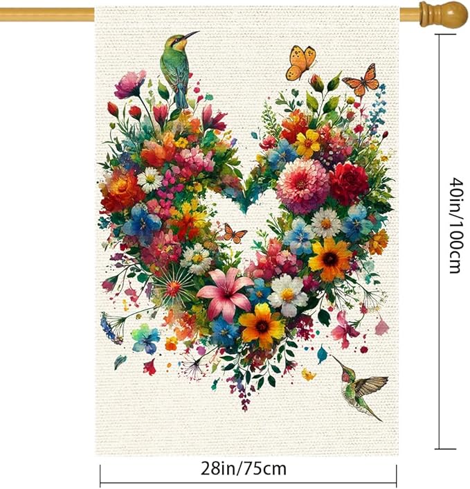 Colorful Floral Love Hearts Garden Flag 28X40 Inch Double Sided Small Burlap Birds Flowers Butterflies Outdoor Decorations Spring Summer Garden Flags Patio Yard Outside Decor