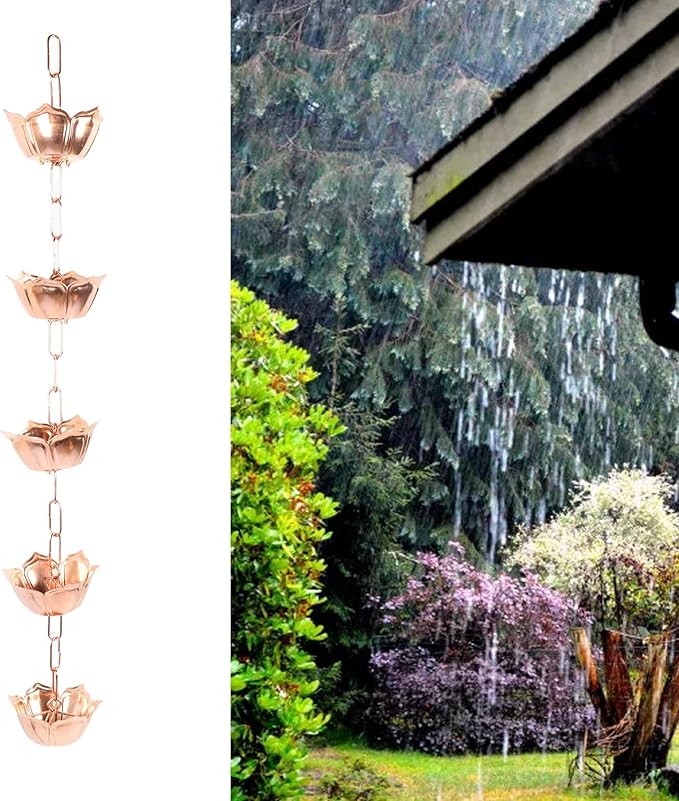 1m Copper Rain Chain with Flower Cups Weatherproof Rain Catcher for Gutter Yard Garden Temple (Flower Shaped)