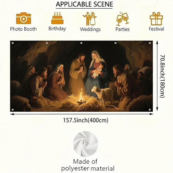 HOMETITUTE 13x6ft Nativity Scene Garage Door Banner Shepherds Adoring Baby Jesus Mary Polyester Large Outdoor Xmas Decoration for Holiday Party Winter Yard Home School Church Community Display