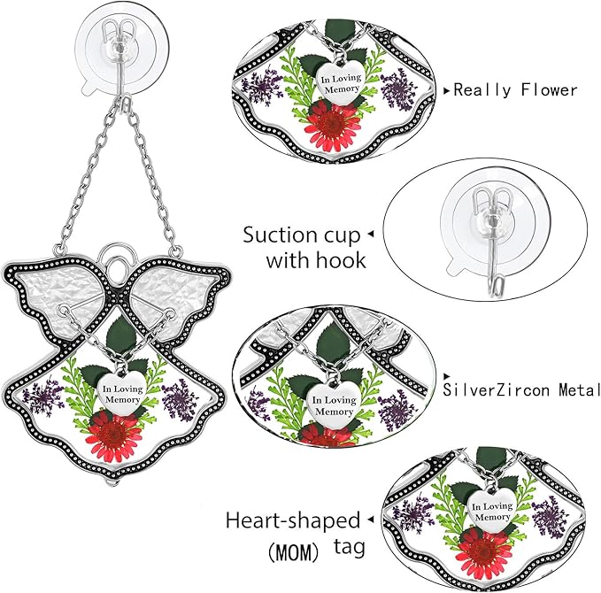 KY&BOSAM Angel Suncatcher Mom Stained Glass Suncatcehesr for Windows Hangings Wind Chime with Pressed Drived Real Flower and Metal Charm Gifts for Mom Mothers Day Valentine's Birthday Christmas Decor