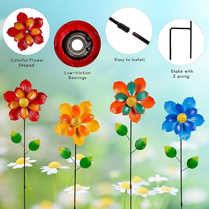 4 Pcs Wind Spinners Outdoor, Small Metal Flower Windmill, Colorful Pinwheels Decorative Floral Garden Stakes for Yard Patio Lawn Garden Decor, 27 x 6 Inches