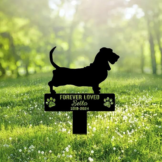 Custom Basset Hound Dog Metal Memorial Garden Stake Personalized Pet Grave Marker Name Sign Remembrance Stake Decor Sympathy Dog Loss,Outdoor Statues for Yard Garden Lawn Patio Pathway Grave Gift.