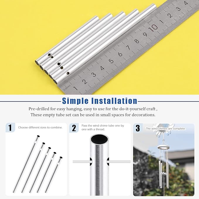 Glarks 61Pcs Wind Chime Kit Including 50Pcs 11.5cm 10cm 9cm 8cm 7cm Wind Chime Tubes and 10Pack Swivel Hooks Clips with 100m Thread Wire for Home Garden Outdoor Hanging Decorations