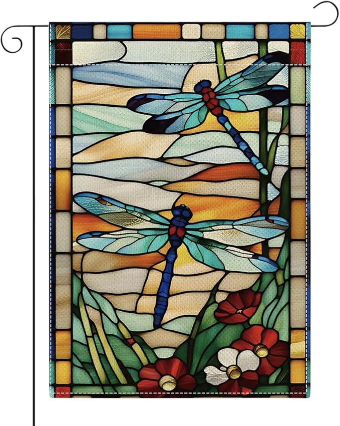 Spring Summer Dragonfly Garden Flag Daisy Glass Style Flowers Floral Spring Garden Flag Decor Summer Double Sided House Flag for Outside Yard Decorations 12×18 Inch