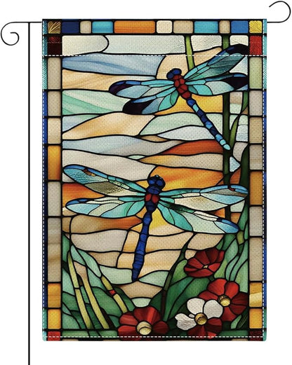 Spring Summer Dragonfly Garden Flag Daisy Glass Style Flowers Floral Spring Garden Flag Decor Summer Double Sided House Flag for Outside Yard Decorations 12×18 Inch
