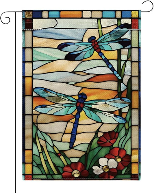 Spring Summer Dragonfly Garden Flag Daisy Glass Style Flowers Floral Spring Garden Flag Decor Summer Double Sided House Flag for Outside Yard Decorations 12×18 Inch