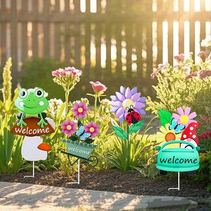 WONDER GARDEN Welcome Decorative Garden Stakes, 4Pcs Flower Metal Yard Signs Lawn Stake with Frog, Mushroom, Gnome, Butterfly and Ladybug for Outdoor Decorations