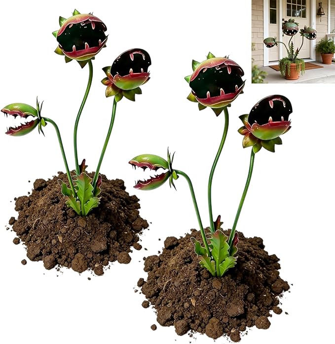 Whimsical Metal Carnivorous Plant Garden Stake, 25-Inch Large Funny Outdoor Yard Decor, Carnivorous Plant Garden Stake, for Lawn Garden Patio Halloween Gothic Yard Decoration (2Pcs C)