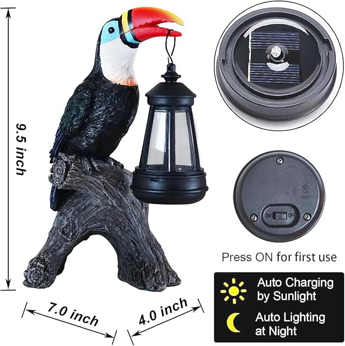 Spring Toucan Garden Statues Decor, Solar Waterproof 9.5" Colorful Tropical Bird Sculpture with LED Lights Funny Garden Outdoor Exotic Bird Sculpture Decoration for Lawn Porch Yard Patio Tiki Bar