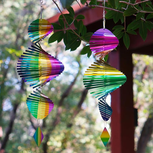 2pcs in Set Gradient Rainbow Helix Metal Wind Spinners for Yard and Garden,12 Inch 3D Stainless Steel Hanging Kinetic Yard Art Wind Sculpture Decor Outdoor Indoor (Cold Pattern)