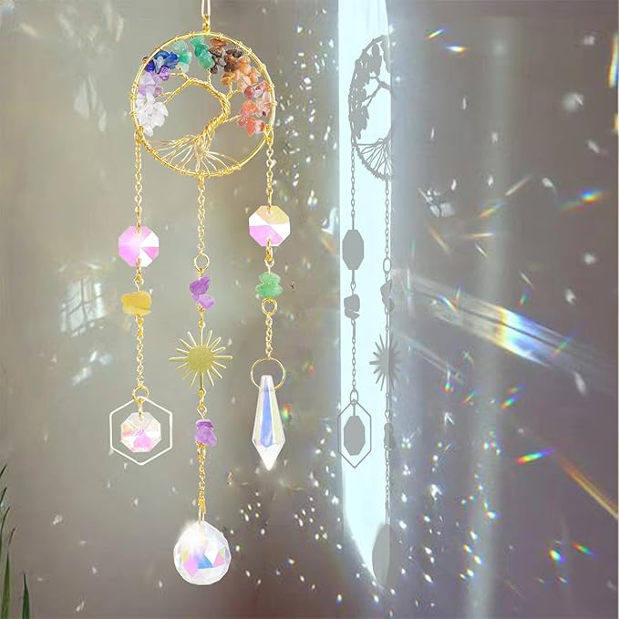 Crystal Sun Catcher, 7 Chakra Tree of Life Crystal Suncatcher Hanging for Indoor Window, Dream Catchers for Car, Spiritual, Rainbow Maker, Garden Home Decor