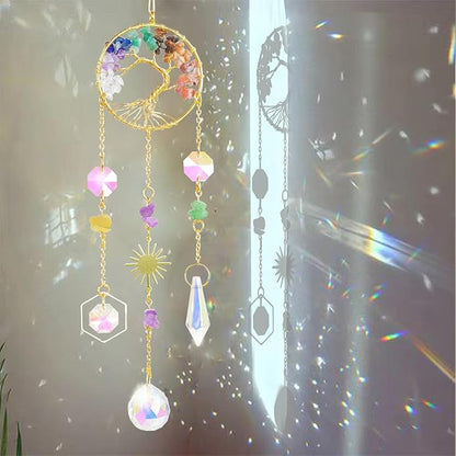 Crystal Sun Catcher, 7 Chakra Tree of Life Crystal Suncatcher Hanging for Indoor Window, Dream Catchers for Car, Spiritual, Rainbow Maker, Garden Home Decor