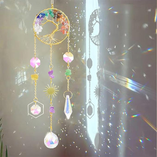 Crystal Sun Catcher, 7 Chakra Tree of Life Crystal Suncatcher Hanging for Indoor Window, Dream Catchers for Car, Spiritual, Rainbow Maker, Garden Home Decor