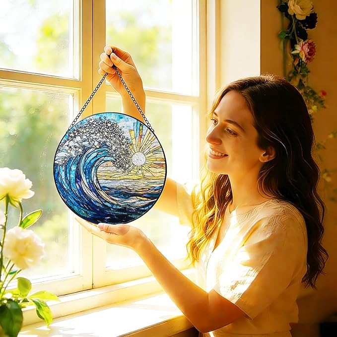 Stained Glass Window Hanging, 8 Inch Sea Wave Suncatcher, Sun Catchers Indoor Window, Ocean Suncatchers for Windows Hanging, Spring Home Garden Coastal Decor Panel, Beach Lover Gift for Women Mom Wife
