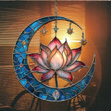 Vivid Lotus Moon with Tiffany Stars Acrylic Suncatcher Stained Glass Effect Window Car Hanging Christmas Ornament Indoor Outdoor Decor Garden Sun Catcher Panel for Lotus Lover for Women Mom Grandma