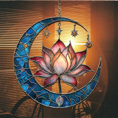 Vivid Lotus Moon with Tiffany Stars Acrylic Suncatcher Stained Glass Effect Window Car Hanging Christmas Ornament Indoor Outdoor Decor Garden Sun Catcher Panel for Lotus Lover for Women Mom Grandma