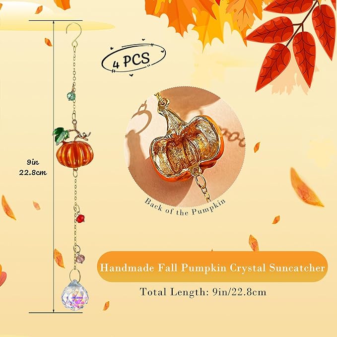 HDCRYSTALGIFTS Set 4 Fall Pumpkin Suncatchers Crystals Sun Catchers Indoor Window Hanging Thanksgiving Christmas Tree Decorations for Farmhouse Harvest Autumn Xmas Home Party Decor