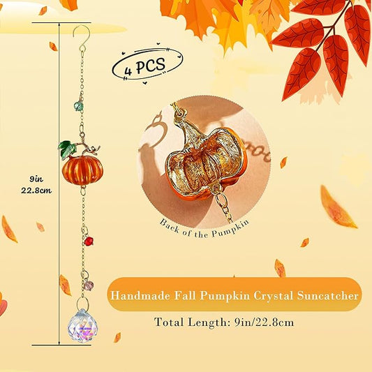 HDCRYSTALGIFTS Set 4 Fall Pumpkin Suncatchers Crystals Sun Catchers Indoor Window Hanging Thanksgiving Christmas Tree Decorations for Farmhouse Harvest Autumn Xmas Home Party Decor